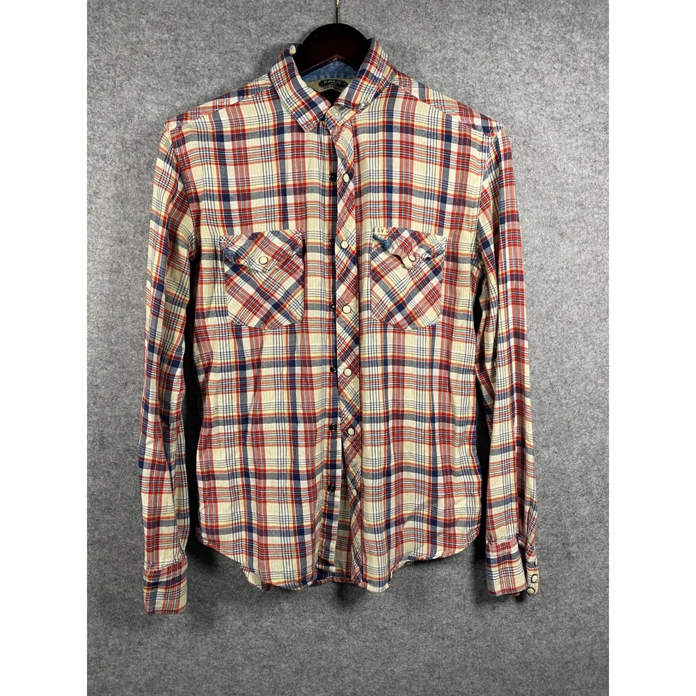 SaltValley Western Mens Small Plaid Pearl Snap Button Down Shirt Red Navy Yellow